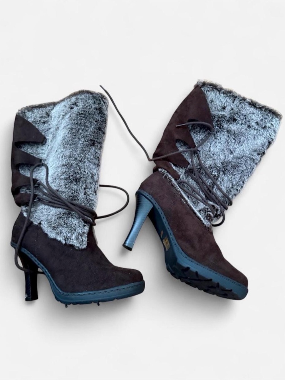 Women's Faux-Fur Lace-Up High-Heel Suede Boots in Dark Brown & Gray